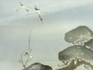 アンティーク　縮緬地手描き鶴に梅模様帛紗